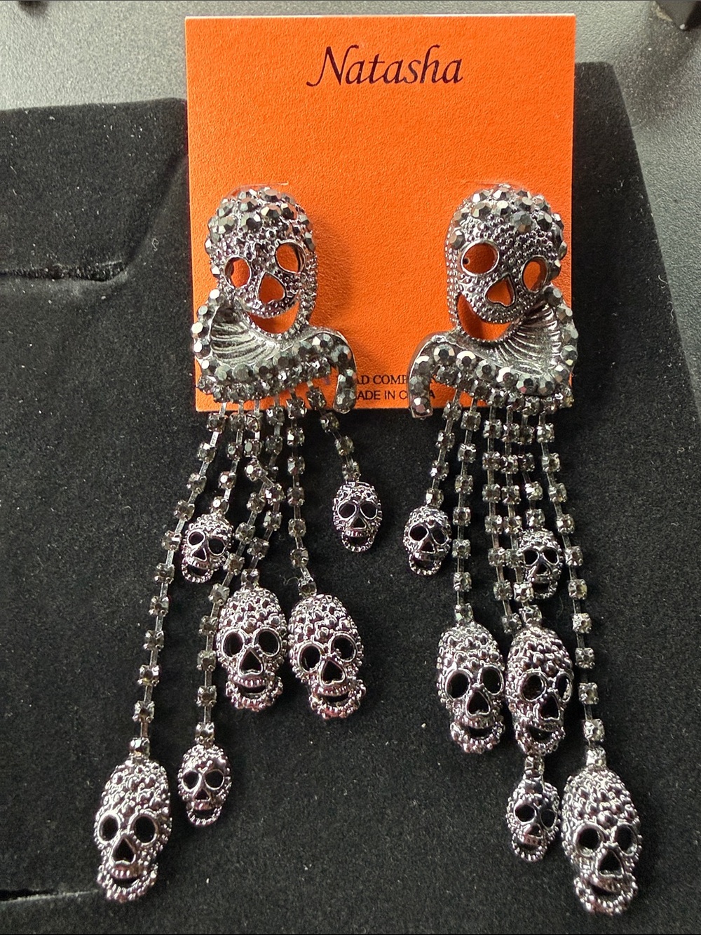 Natasha Couture Rhinestone Gun Metal 4” Skull Dangle Earrings NEW